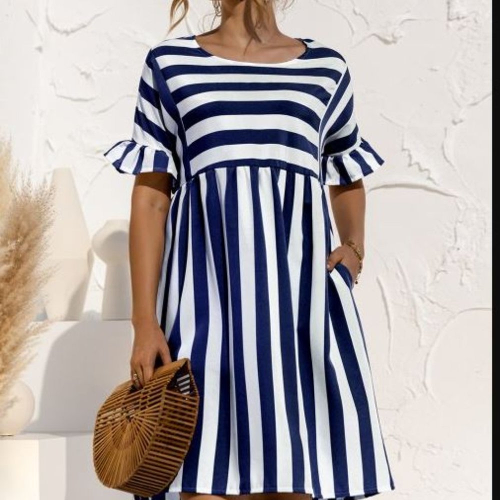 Navy Stripe Ruffle-Trim Pocket A-Line Dress
